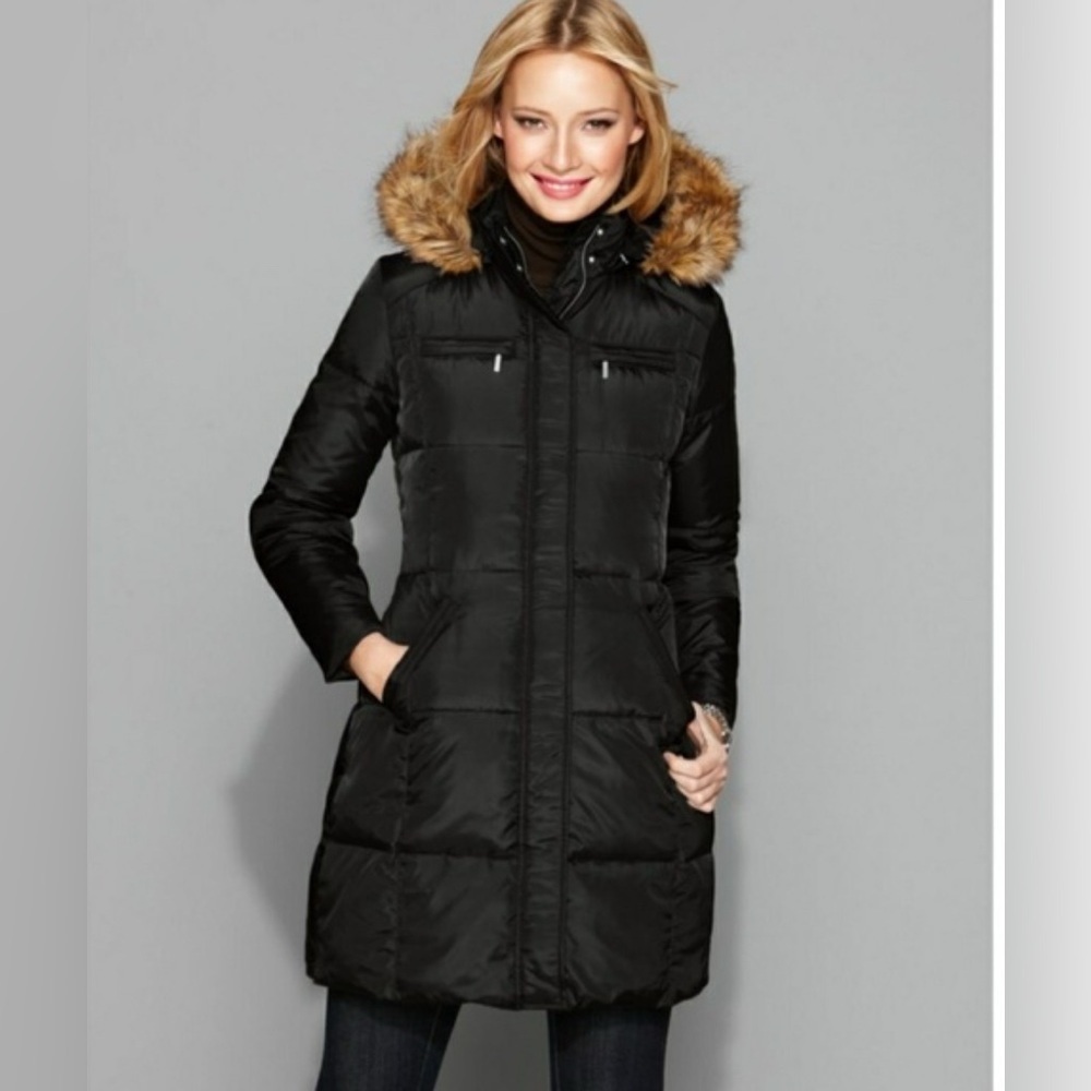 MICHAEL KORS Women's Black Puffer Coat with Faux Fur Hood Size S